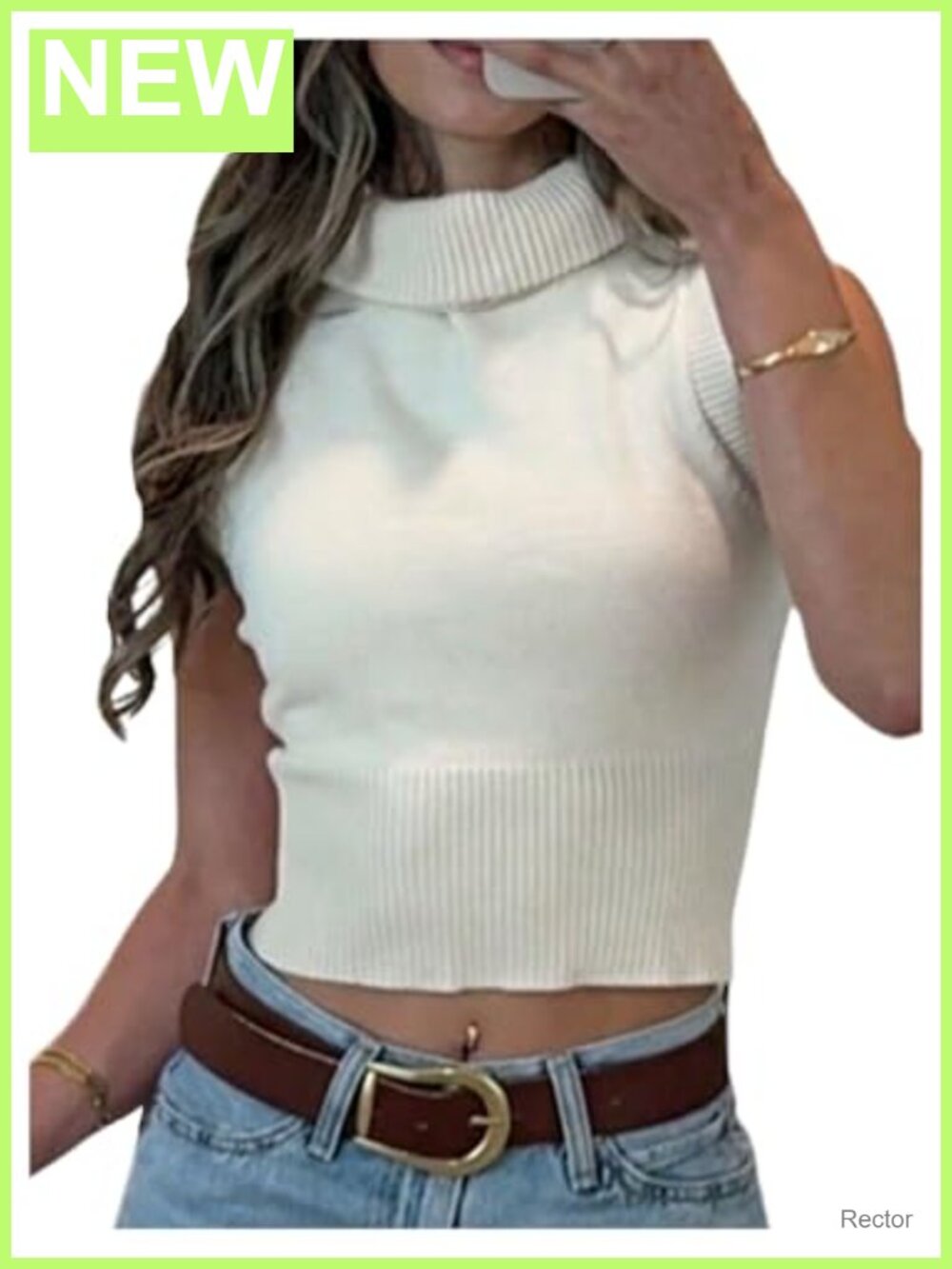 High Neck Rib Knit Sweater Vest Sleeveless Fitted Crop Tank Top